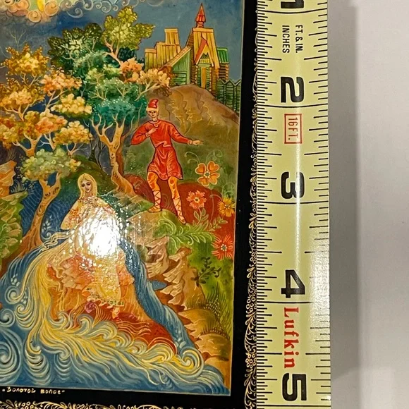 Vintage Artist Signed Russian Hand Painted Lacquerware Wood Box GOLDILOCK & BOY